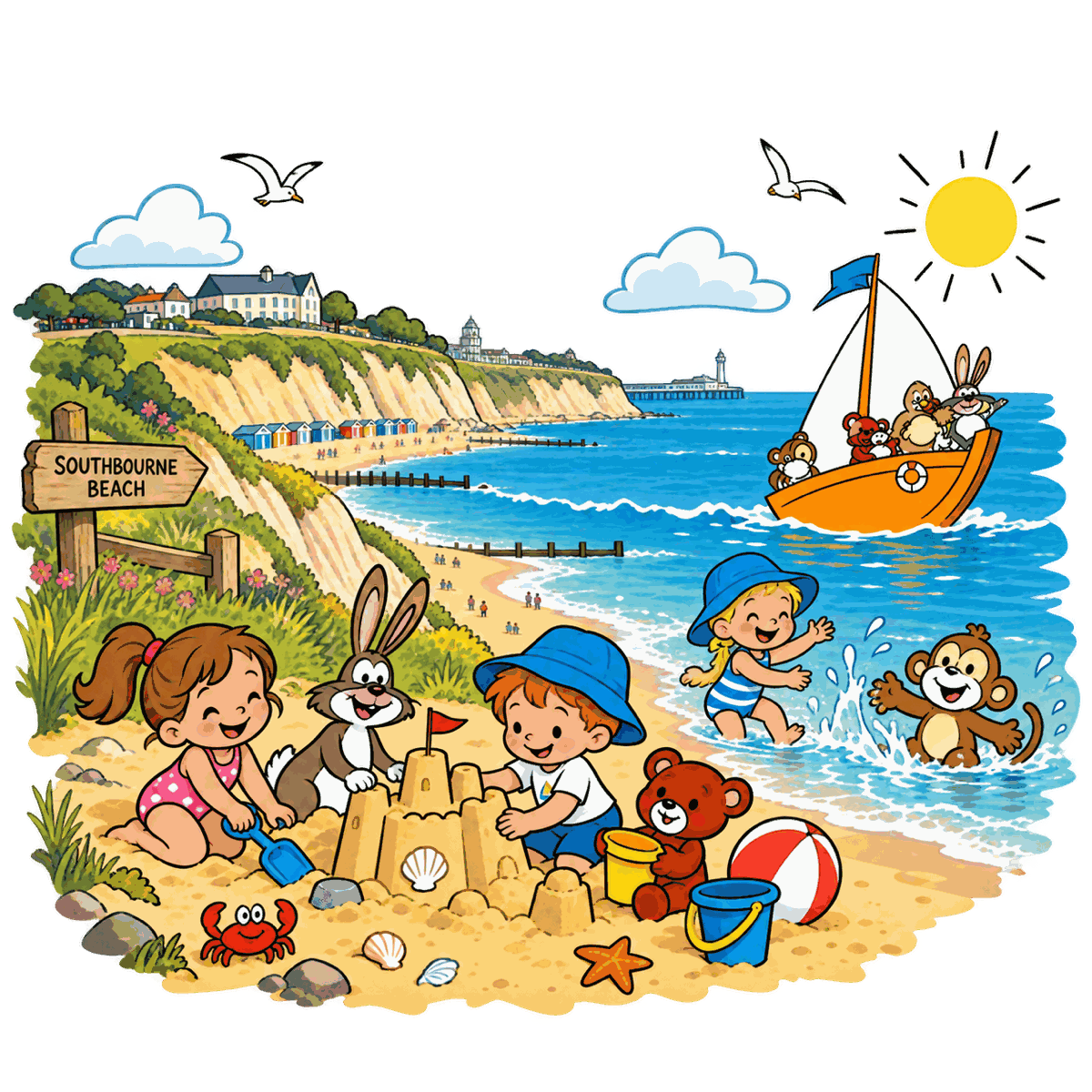 Children building a sandcastle on Southbourne beach, with the cliffs and beach huts behind them